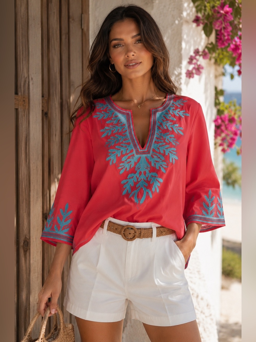 Gretchen Scott Reed Embroidered 100% Cotton Tunic | XS | Coral & Turquoise